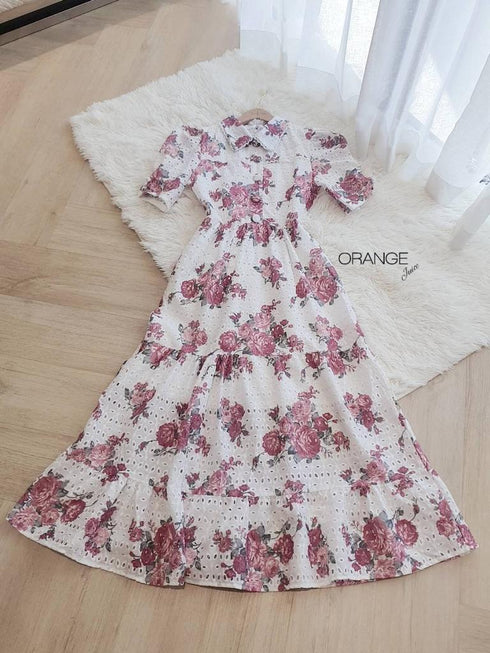 Orange Collar Floral Print Half Sleeves Mid-Length Dresses